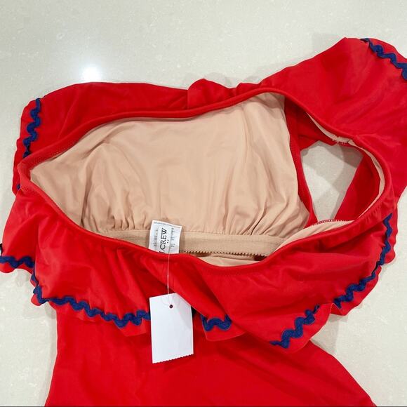 NWT J Crew Rickrack Ruffle One Shoulder One Piece Bathing Suit Red Blue XS - Picture 5 of 9